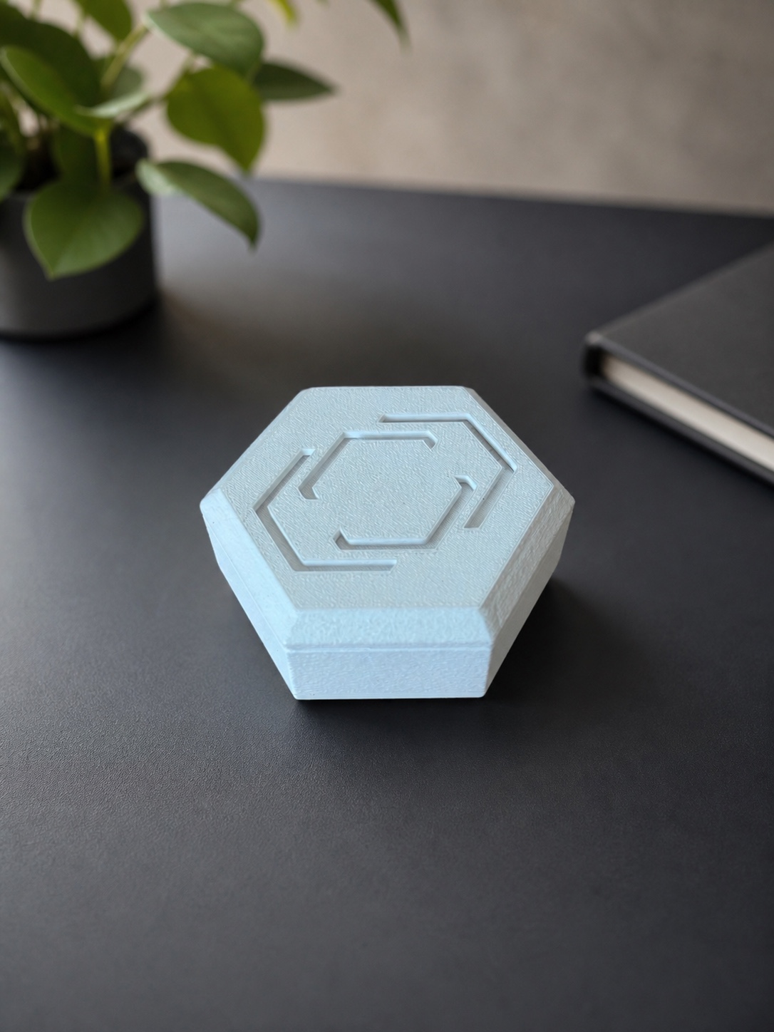 The Pestr physical alarm on a slate desk with a plant and notebook